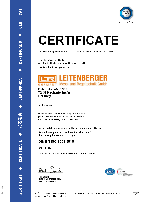 ISO Certificate Leitenberger Mess- und Regeltechnik GmbH